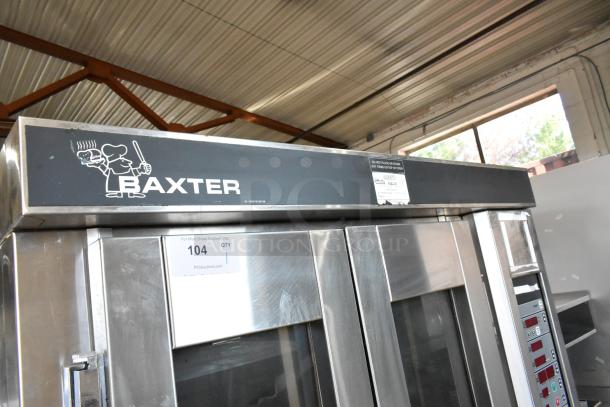 Baxter stainless steel commercial mini rotating rack oven with double pan rack and casters. Natural gas powered.