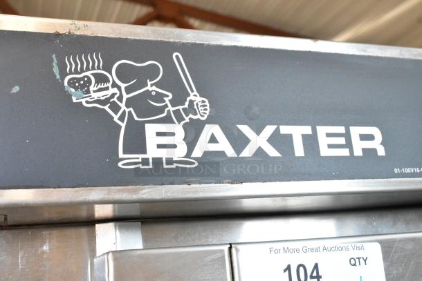 Baxter stainless steel commercial gas-powered mini rotating rack oven, features double pan rack and commercial casters.