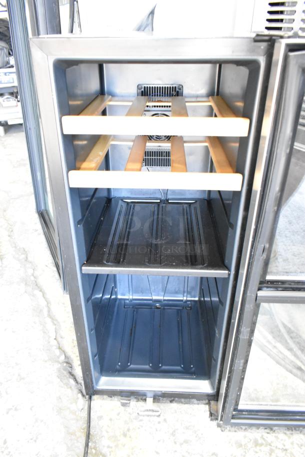 Koldfront TWR247ESS metal mini thermoelectric wine cooler, open view, wooden shelves, 115 volts, 1 phase, excellent condition.