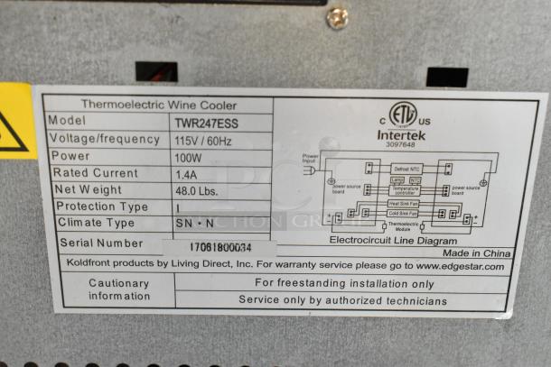 Koldfront TWR247ESS Mini Thermoelectric Wine Cooler label, showing model, voltage, power, and installation details.