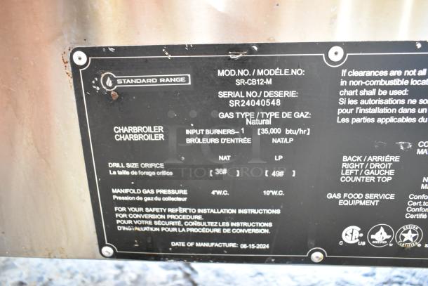 2024 Standard Range SR-CB12-M stainless steel charbroiler grill nameplate, natural gas, 35,000 BTU/hr, model info visible.
