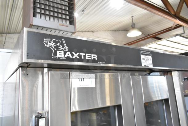 Baxter stainless steel commercial natural gas mini rotating rack oven with double pan rack and commercial casters.