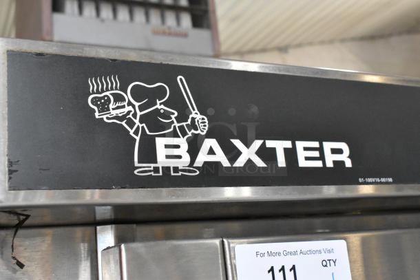 Baxter stainless steel commercial gas mini rotating rack oven, features double pan rack and commercial casters, with logo.