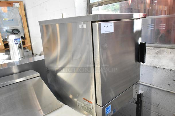 Vulcan VPX5 stainless steel commercial steam cabinet on stand, 208V, single deck, electric, with visible manufacturer labels.