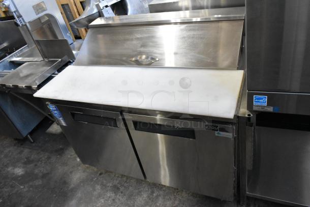 Dukers DSP48 stainless steel sandwich salad prep table, bain marie mega top, commercial casters, 115V, Energy Star label.