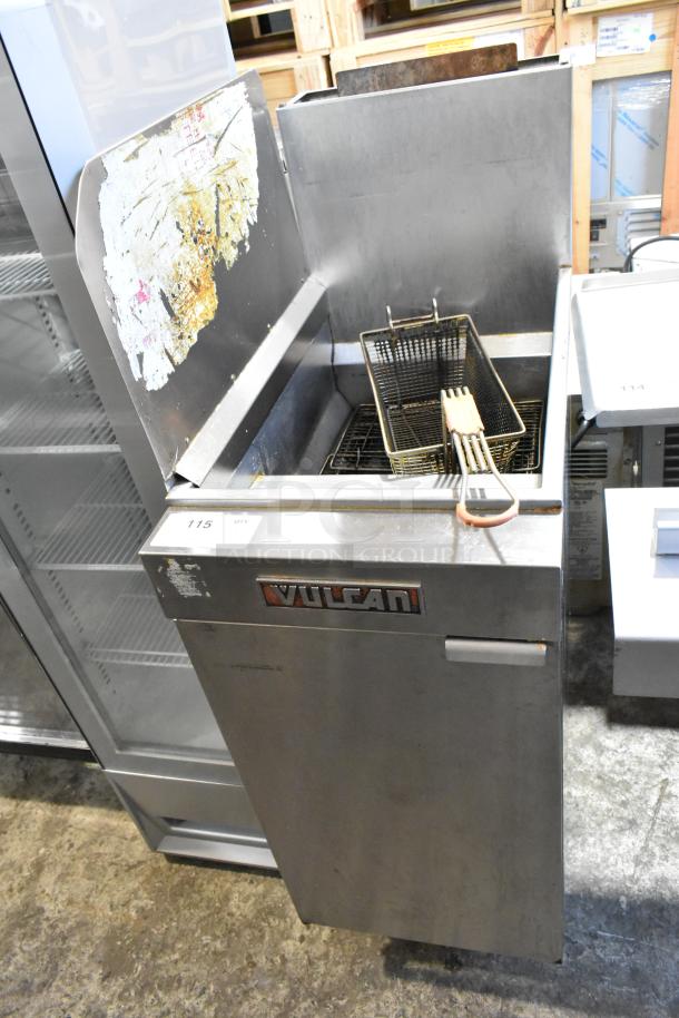 Vulcan LG300 stainless steel commercial deep fat fryer, natural gas, 90,000 BTU, includes metal fry basket, visible wear.