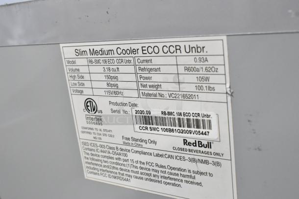 RB-SMC 106 ECO Cooler label showing model, voltage 115V, power 105W, refrigerant R600a, and production date 2020.