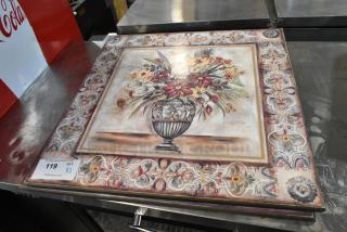Floral art print with ornate border, depicting a vase with flowers. Includes auction tag "119 X2." Good condition.