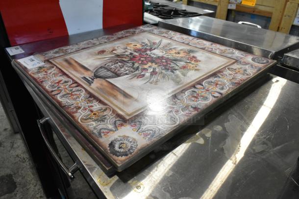 Decorative painting of a floral vase with intricate ornate border, in excellent condition, lot number M19 visible.