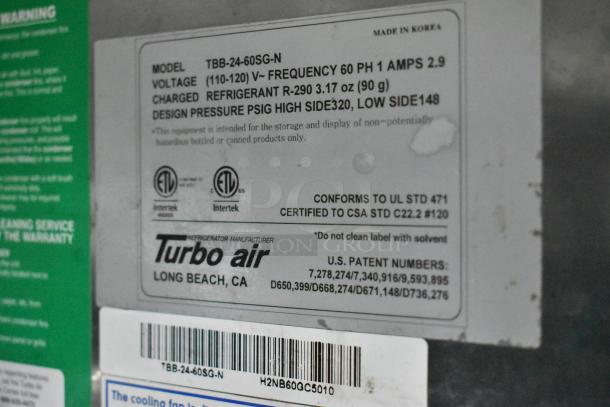 Turbo Air TBB-24-60SG-N commercial cooler label; 115V, 1-phase; model info and certification details visible.
