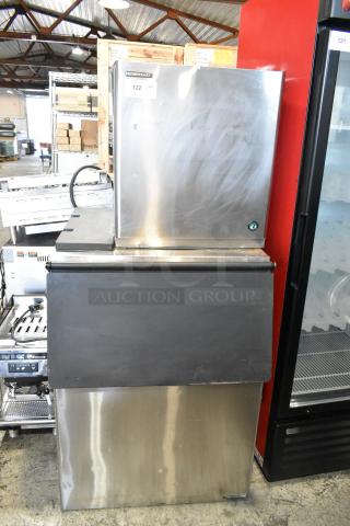 Hoshizaki KMD-410MAH stainless steel ice head on bin. Commercial use, 115V, 1 phase. Visible Hoshizaki label.