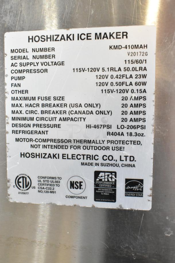 Hoshizaki KMD-410MAH stainless steel commercial ice head on bin, 115 volts, 1 phase, model details and specifications visible.
