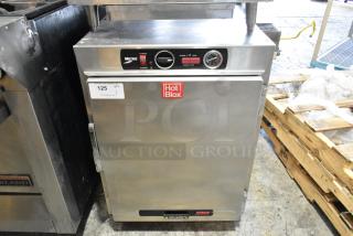 Metro HBCW8-AS-UC stainless steel heated holding cabinet on casters, 120 volts, 1 phase, with controls and Hot Blox label.