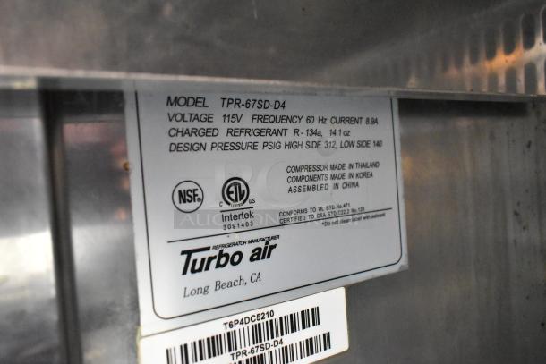 Turbo Air TPR-67SD-D4 label, 115V, 1Ph, R-134a refrigerant, NSF and ETL listed, assembled in China.