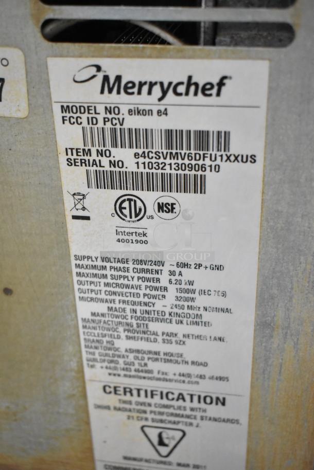 Merrychef eikon e4 commercial rapid cook oven label, showing model, serial number, and electrical specs.
