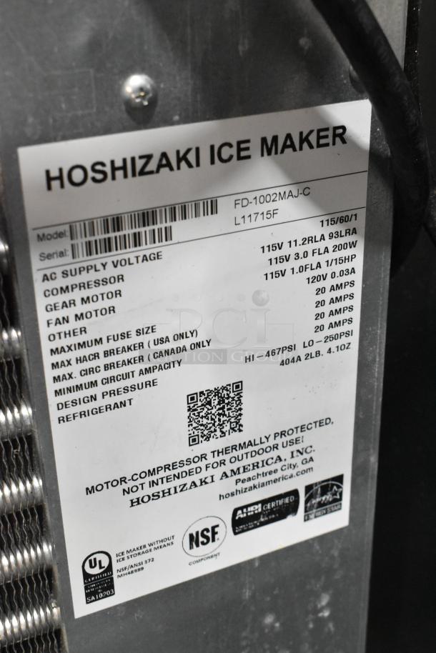 Hoshizaki FD-1002MAJ-C stainless steel commercial ice machine label, 115 volts, 1 phase, model details, and certifications visible.