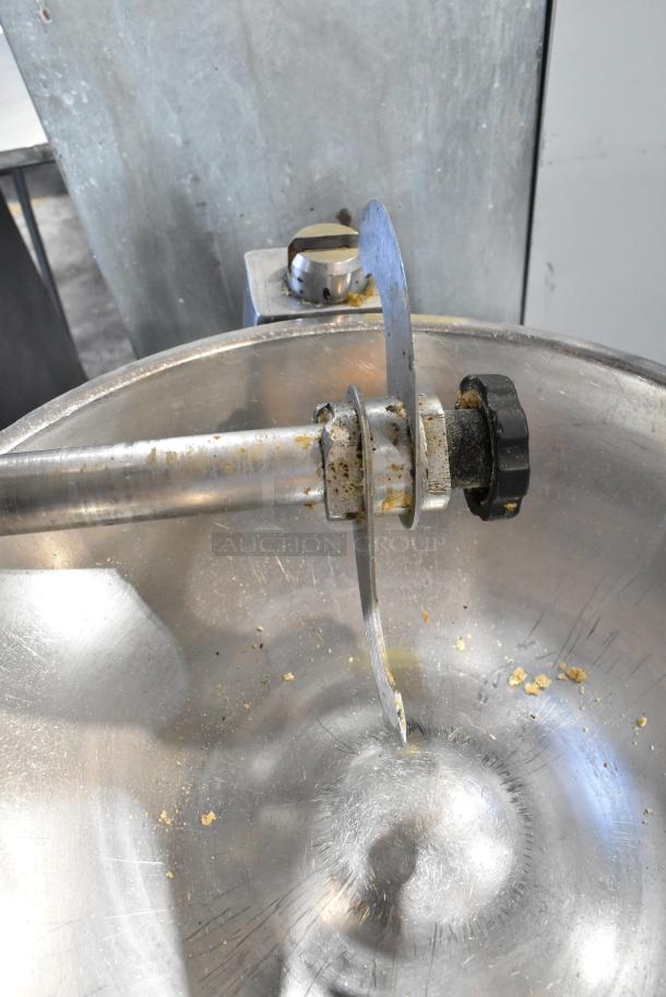 Hobart 84186 metal commercial buffalo chopper with S blade. 115 volts, 1 phase. Visible wear and residue inside bowl.