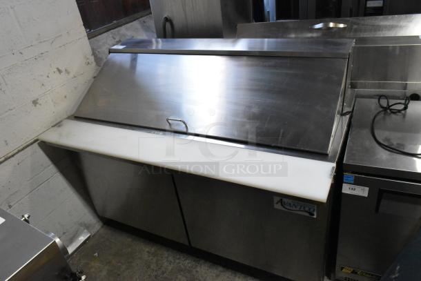 Avantco 178SSPT60MHC stainless steel sandwich salad prep table, mega top, on commercial casters, 15V, 1 phase.