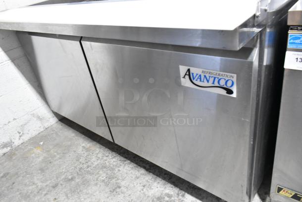 Avantco 178SSPT60MHC stainless steel prep table, mega top, on commercial casters, visible Avantco label, excellent condition.