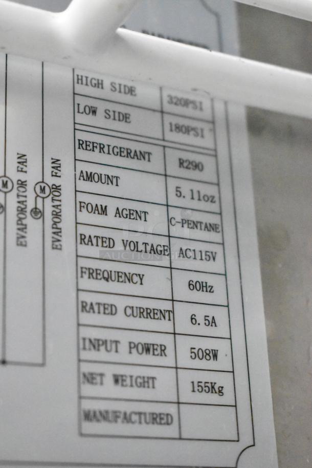 Label on Avantco 178SSPT60MHC prep table; shows specifications like refrigerant R290, voltage AC115V, net weight 155Kg.