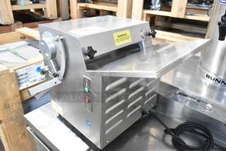 Somerset CDR-100P dough sheeter, stainless steel, commercial countertop model, 115V, 1 phase, with control panel and safety warnings.