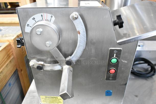 Somerset CDR-100P stainless steel dough sheeter, 115 volts, with thickness dial, power buttons, and warning label.
