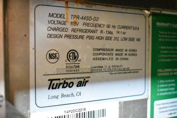 Turbo Air TPR-44SD-D2 stainless steel pizza prep table label, showing model, voltage, refrigerant details, and certifications.