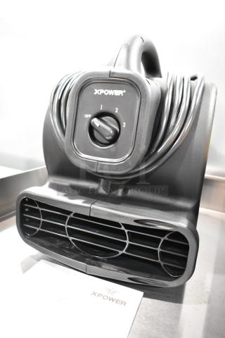 Brand new Xpower P-80A air mover in box, featuring 3-speed control dial and power cord, ideal for drying applications.