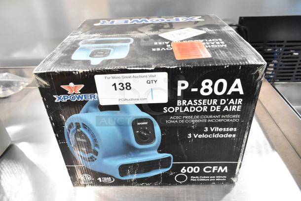 Brand new Xpower P-80A Air Mover in box, 600 CFM, 3 speeds, ETL certified, with a 1-year warranty.