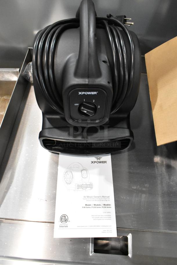 BRAND NEW Xpower P-80A Air Mover in box, black, with manual and labeled power dial, showing 3 speed settings.