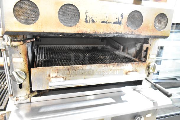 Vulcan VIR1CF stainless steel commercial gas vertical broiler with convection oven; used condition, visible wear on surfaces.