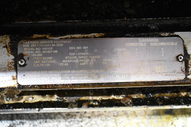 Vulcan VIR1CF stainless commercial gas broiler tag; natural gas, 120V, 100,000 BTU/hr, serial 481807196, on casters.