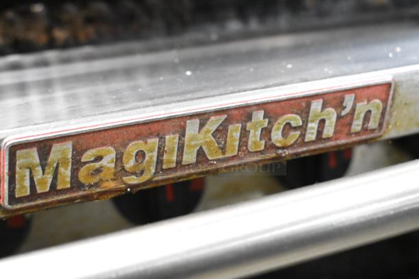 MagiKitch'n 636 stainless steel commercial gas charbroiler grill with under shelf, on commercial casters. Brand logo visible.