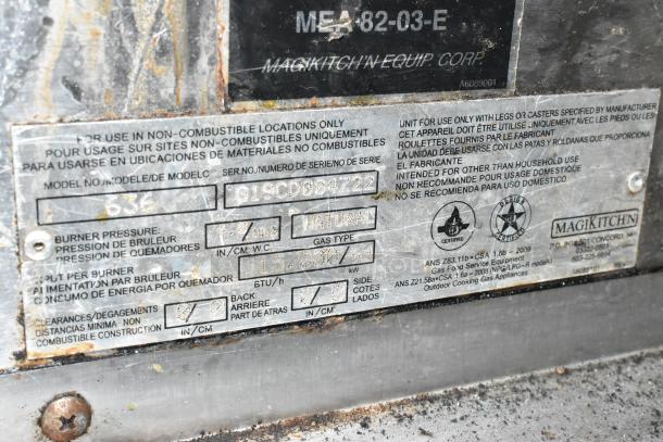 MagiKitch'n 636 stainless steel charbroiler grill label showing model, gas type, and certification marks.