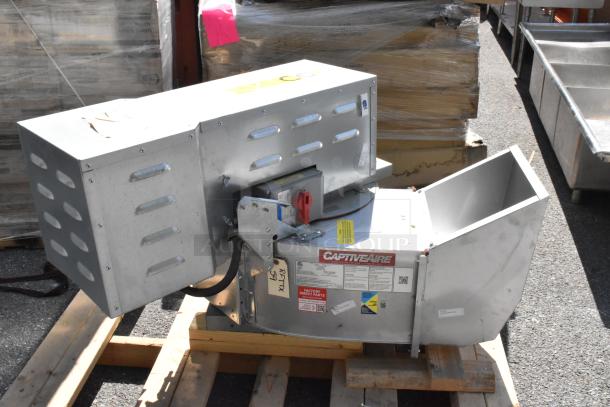 2021 CaptiveAire CASRE13BD commercial power ventilator in metal, features labels and markings, used condition, on pallet.