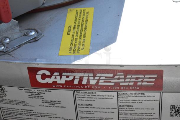 2021 CaptiveAire CASRE13BD metal commercial power ventilator, label shows model and safety instructions, contact info visible.