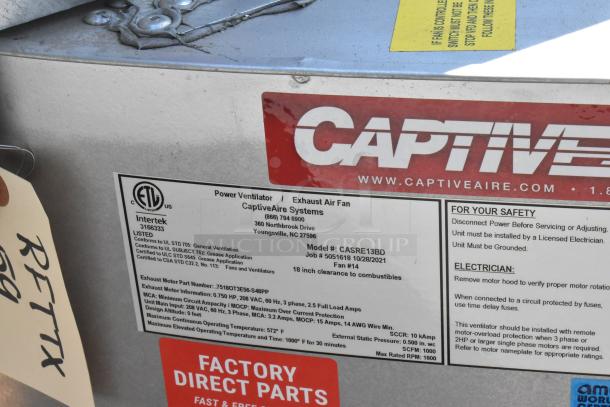 2021 CaptiveAire CASRE13BD Metal Commercial Power Ventilator with safety and model labels visible; used condition.