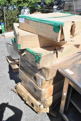 New boxes of 2436P and 2448BK wire shelves, visible labels show "MODEL NO. 2436P" and condition of boxes. 8 boxes total.