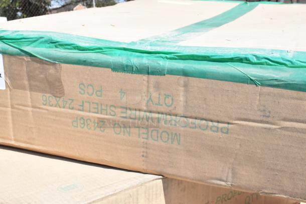 Boxes containing new 2436P wire shelves and 2448BK black wire shelves. Model 2436P label visible.