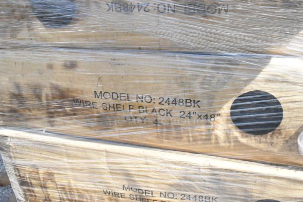 8 brand new boxes with 2436P and 2448BK black wire shelves, 24"x48", wrapped in plastic. Model number visible.