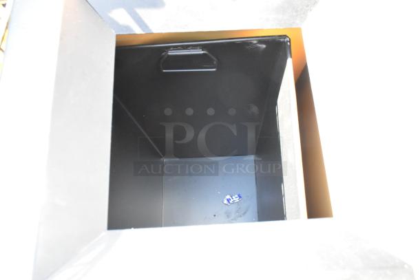 Black trash can shell, open top view, showing clean interior with slight wear, robust rectangular design for waste disposal.