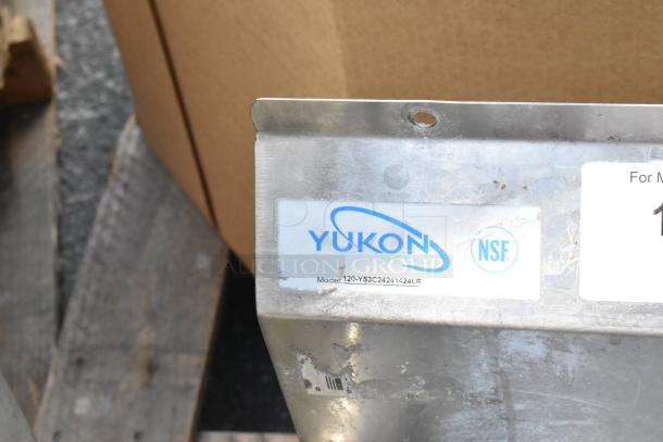 Yukon Metal NSF stainless steel label on 3 bay sink with model 120-YS3C24241424LR, dual drain boards, no legs.