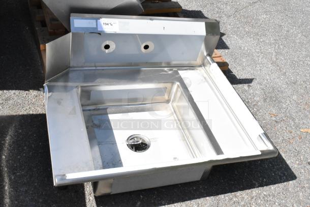 Brand new stainless steel right side dirty side dishwasher table, scratch and dent condition, with visible pricing tag.