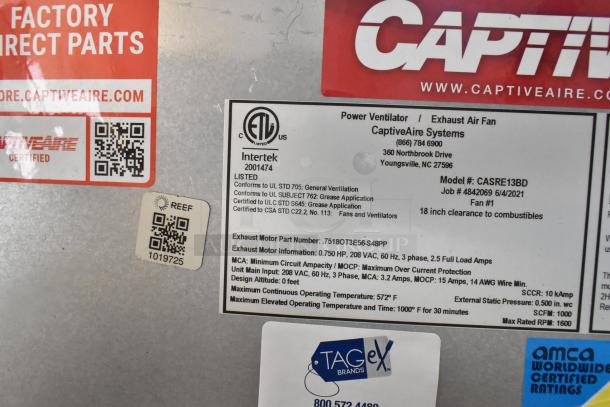 2021 CaptiveAire CASRE13BD metal commercial power ventilator; model details and certifications visible.