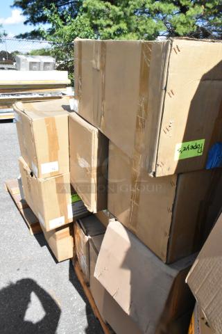13 unopened boxes on pallets, includes pan rack and H&K POP380 wall shelf. Various markings visible, new condition.