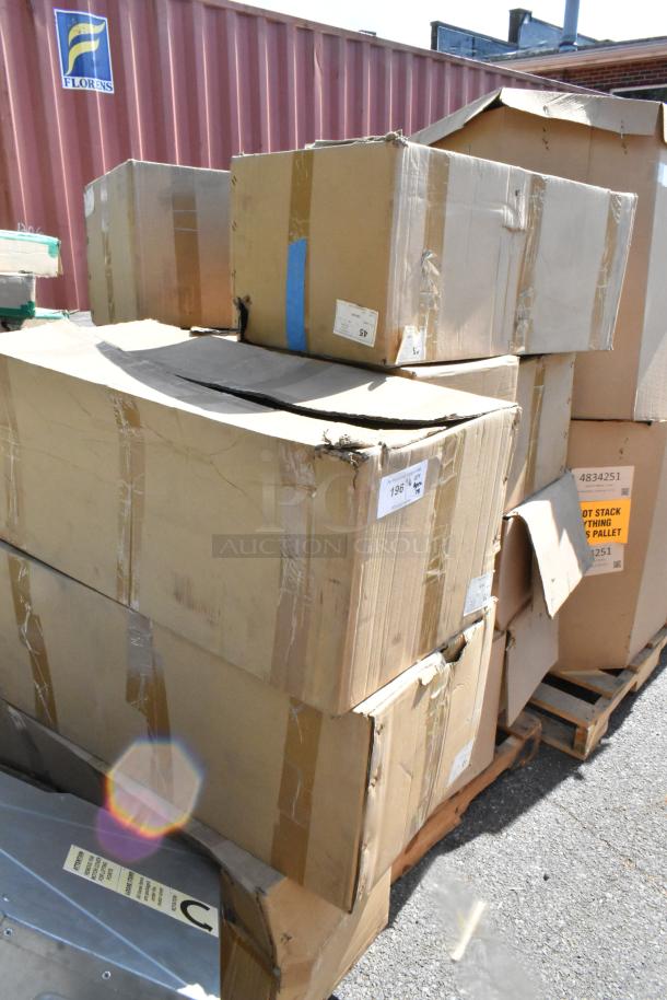 Thirteen new cardboard boxes on a pallet, including a pan rack and H&K POP380 wall shelf, in an outdoor setting.