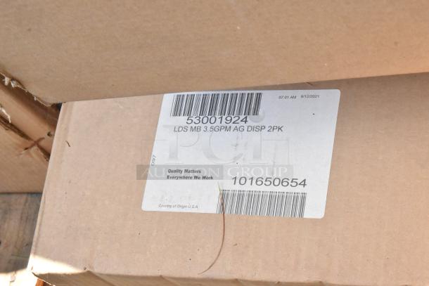 Brand new boxes with label "53001924 LDS MB 3.5GPM AG DISP 2PK," featuring pan rack and H&K POP380 wall shelf.