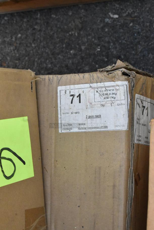 Cardboard box with label for 2 pan racks, items 50-14872, and Ayrking Corporation branding. Slight box wear visible.