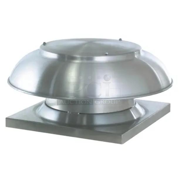 Brand new CaptiveAire DMUA18FA metal rooftop exhaust mushroom fan, sleek silver finish, boxed condition.