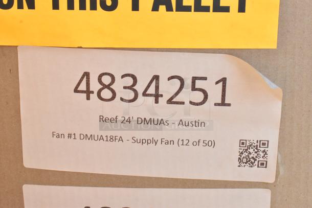 Brand new CaptiveAire DMUA18FA metal rooftop exhaust fans in box. Label includes supply fan 12 of 50. QR code visible.